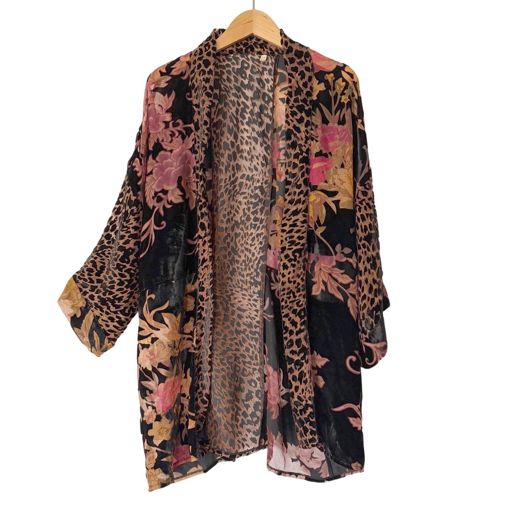 Velvet Burnout Kimono Women's S/M Black Leopard Floral Open Front Cardigan